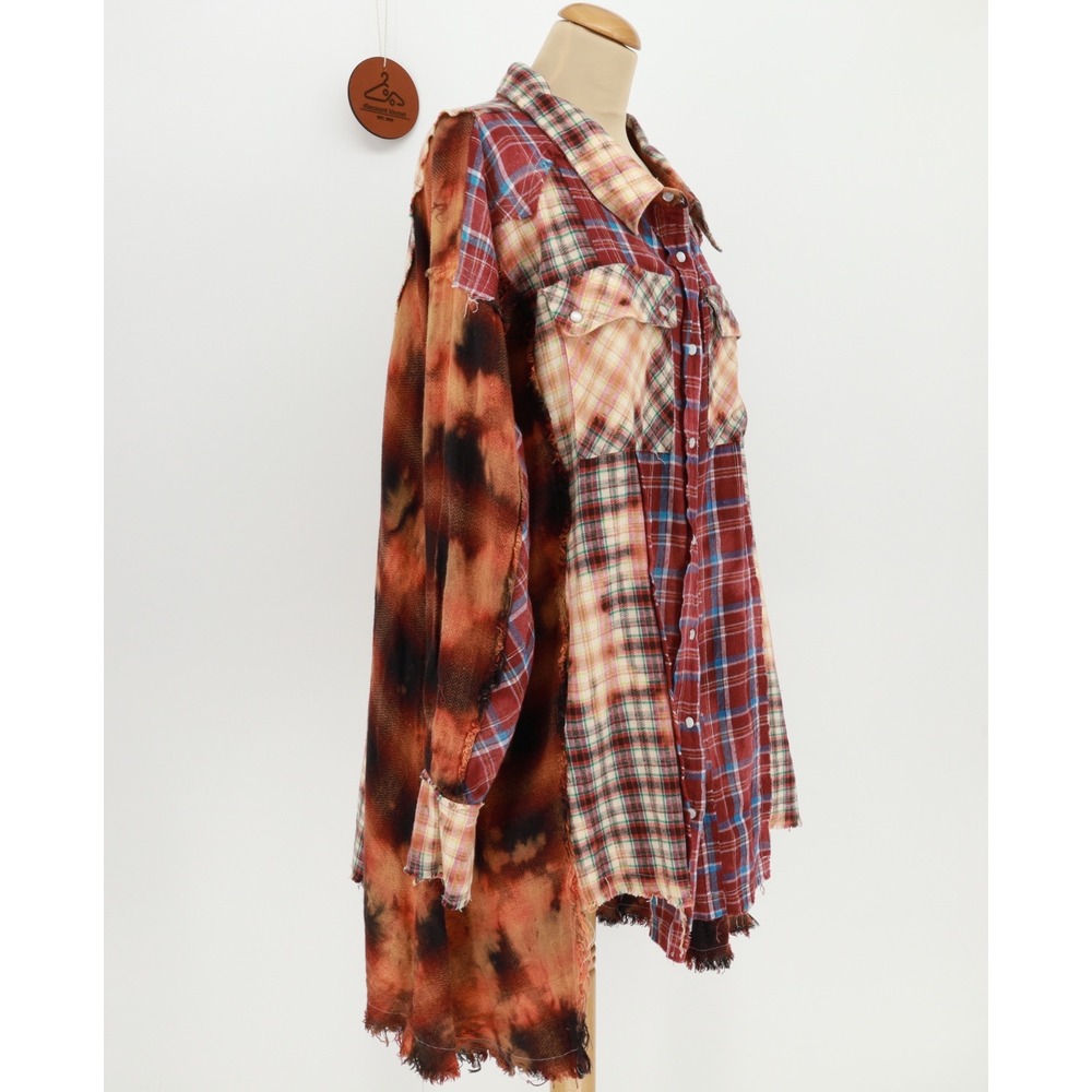 Oli & Hali Wash Mix Plaid Shirt Large Pockets Patchwork Distressed Cotton Blend - Picture 2 of 11
